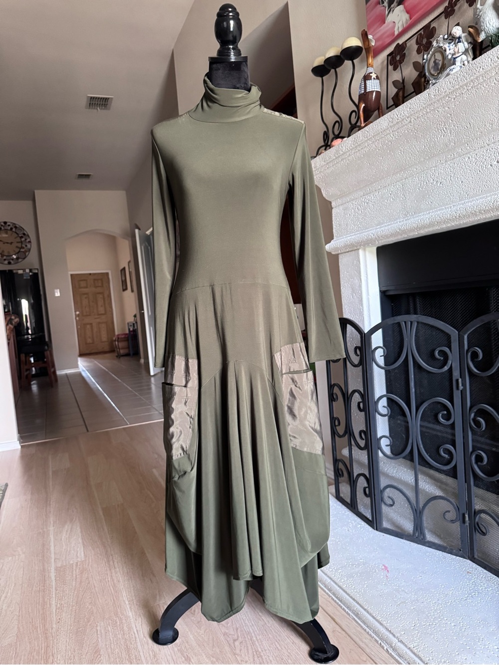 Olive Green Turtleneck Long Sleeve Maxi Dress with Panel Pockets